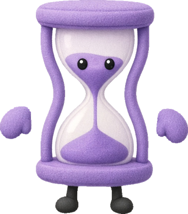 Kuartal Agents mascot: a plush purple hourglass