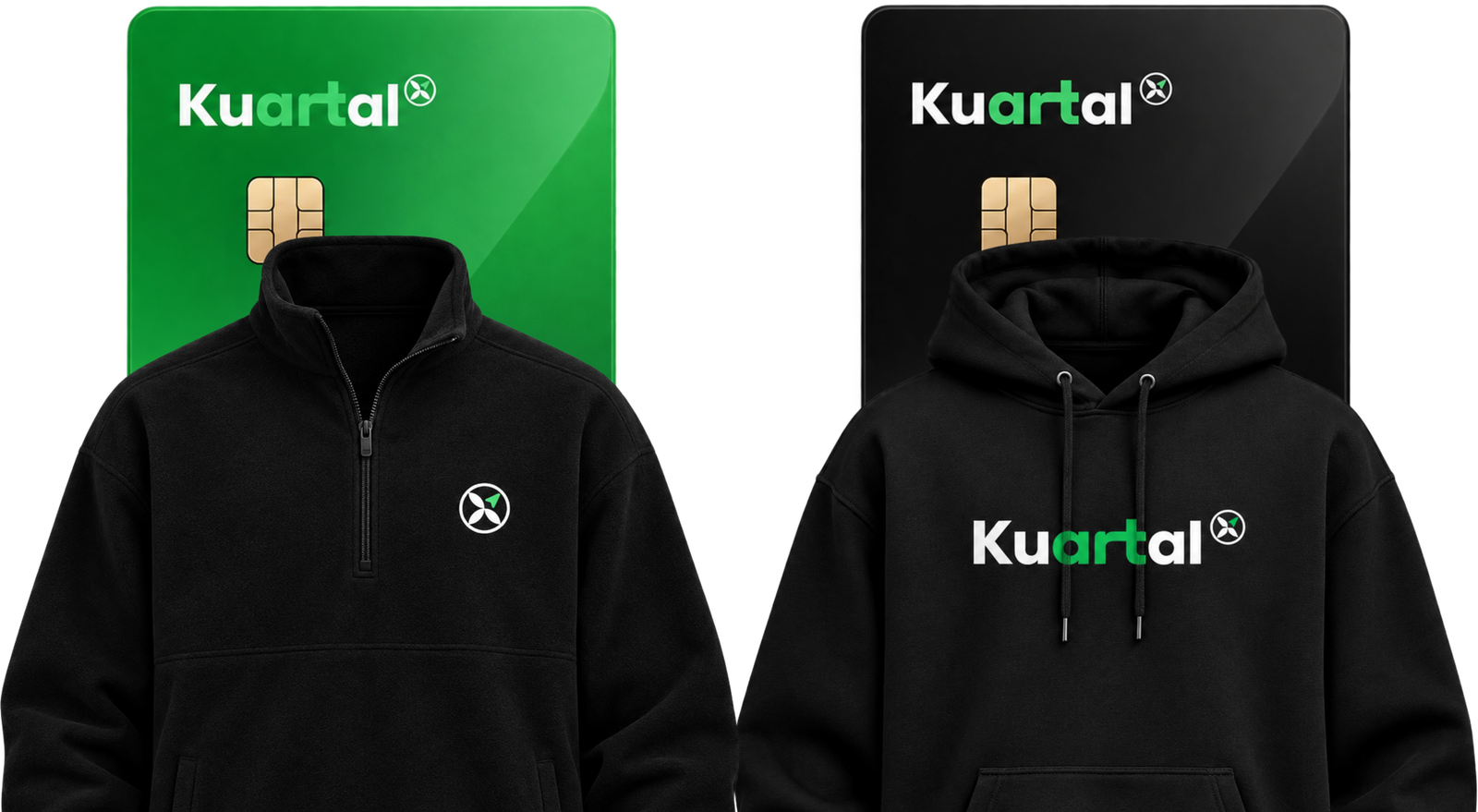Kuartal-branded eMoney cards and quarter-zip and hoodie merch
