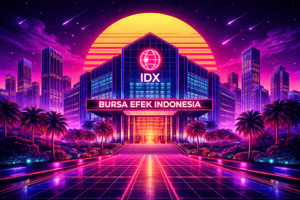 IDX Building in an 80s retro neon illustration style